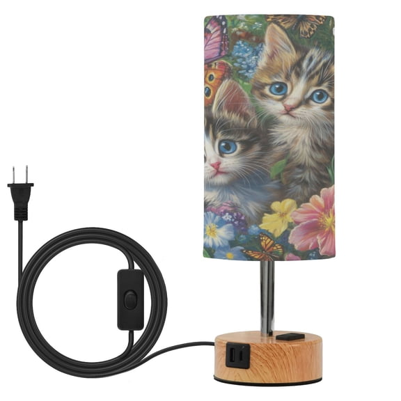 Wobogo Kitten Flower Picture Bedside Lamp Touch Control Table Lamp with USB A C Charging Ports & AC Outlet 3-Way Dimmable Nightstand Lamp with Linen Fabric Shade for Bedroom Living Room