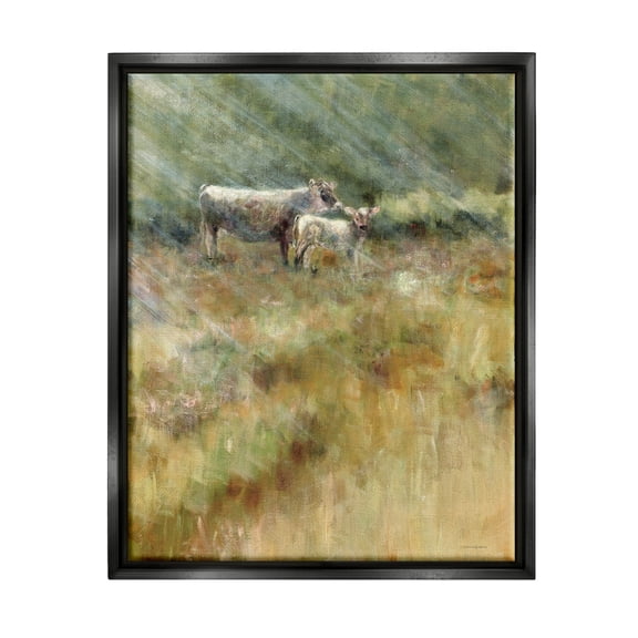 Stupell Sunlit Cattle Grazing Field Landscape Painting Black Floater Framed Art Print Wall Art