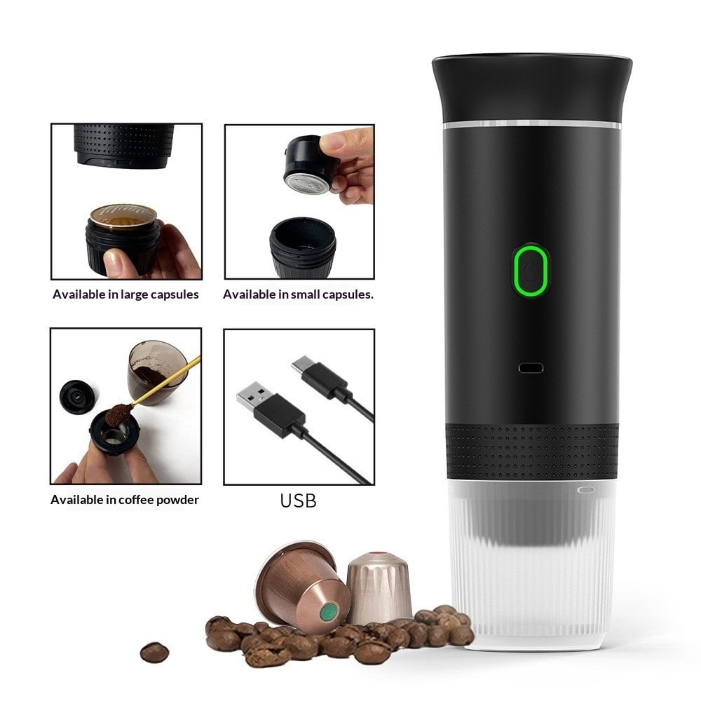 Portable Coffee Maker Espresso Machine, Travel Camping Coffee Makers, Mini Battery Portable Espresso Self-Heating Car Coffee Maker With Ground Coffee