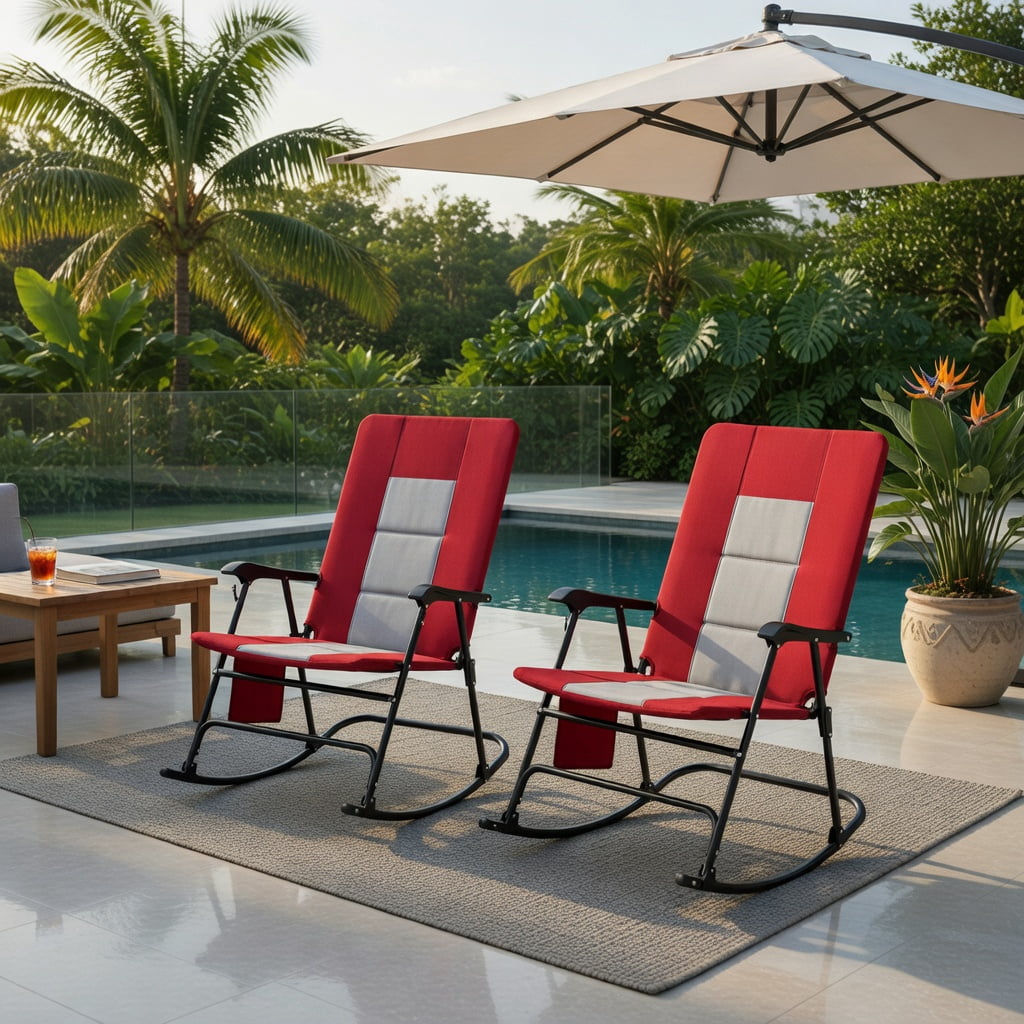 Hommoo Foldable Rocking Camping Chair with Padded Backrest, Armrests & Cup Holder, Outdoor Patio Lawn Chair, Red