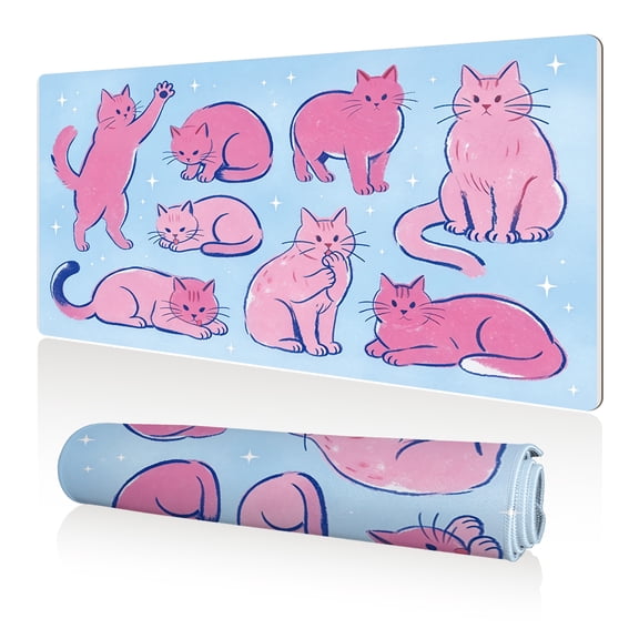 LIVEKEY Mouse Pad 80x40cm Extra Large Non Slip Stitched Edges Full Coverage Durable Easy Clean Pink Cartoon Cats in Various Poses on Blue Background Art for Gaming Office