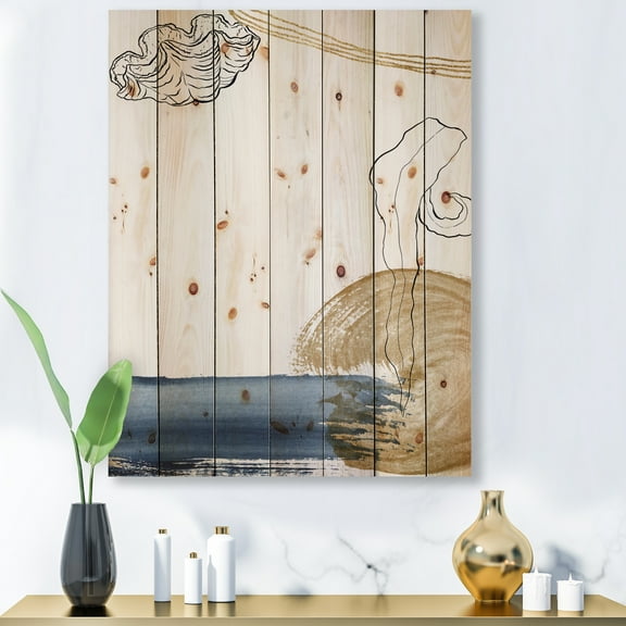 Designart 'Golden Marine Shell Classic Blue Abstract ' Farmhouse Print on Natural Pine Wood