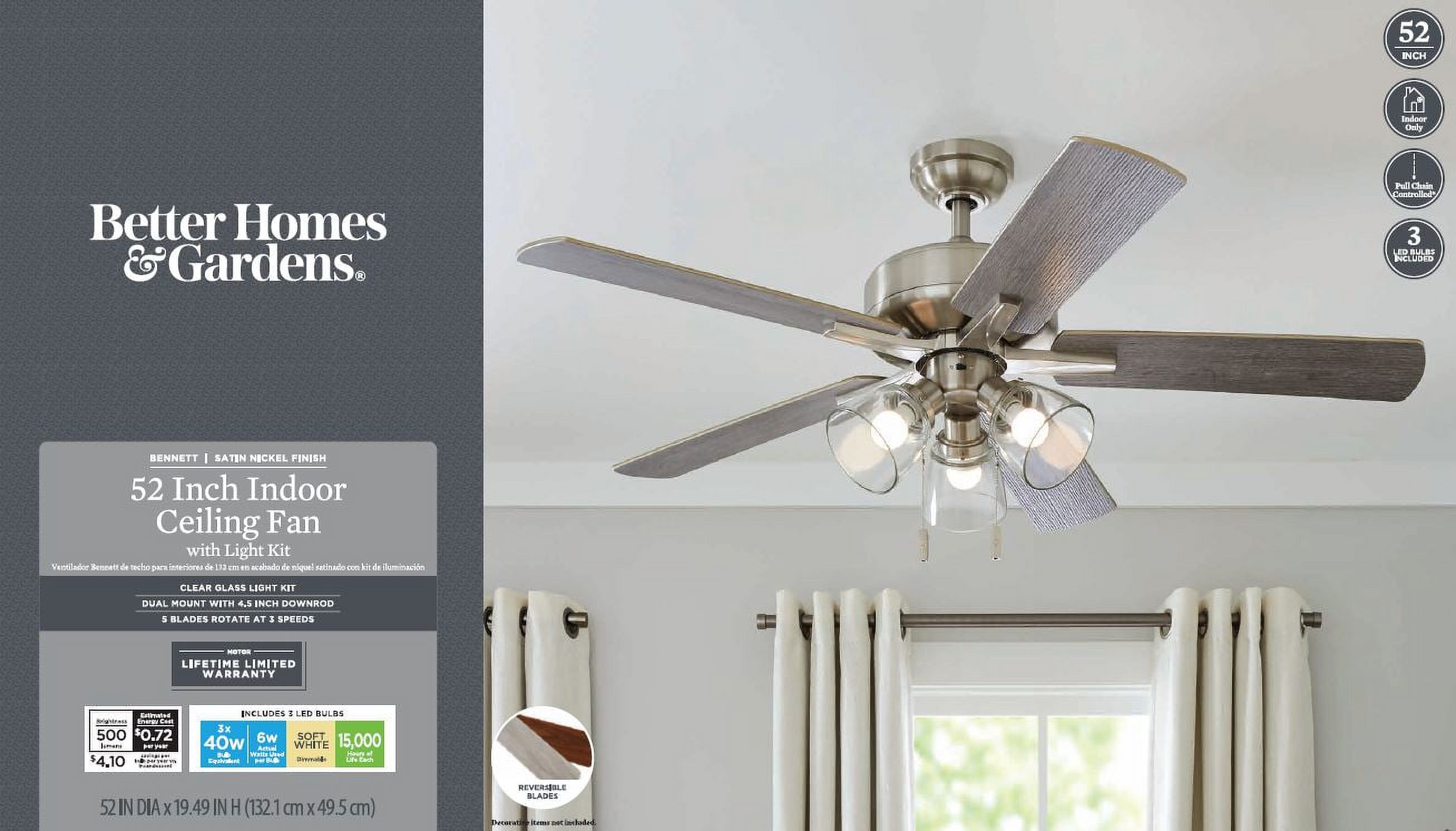 BETTER HOMES & GARDENS 52″ NICKEL TRANSITIONAL CEILING FAN, 5 REVERSIBLE BLADE, 3 LED BULBS INCLUDED