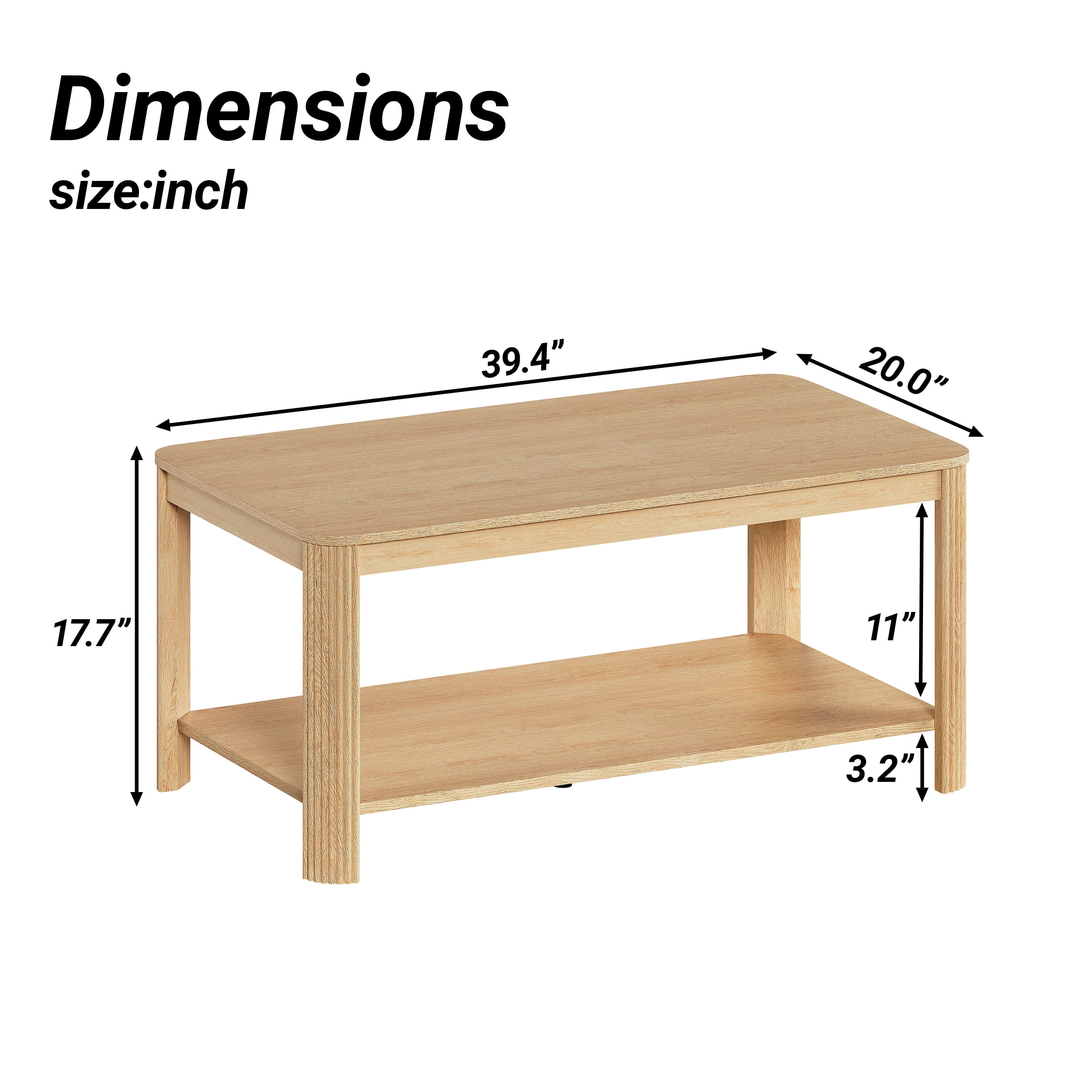 Leumius Wood Coffee Table with Storage Shelf,Modern Rectangular Accent Table for Living Room & Bedroom,39.4" L x 20" W x 17.7" H,Natural