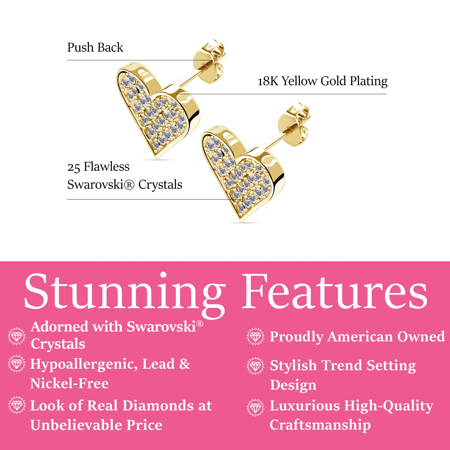 Cate & Chloe Cecilia 18k Yellow Gold Plated Silver Stud Earrings with Swarovski Crystals for Women