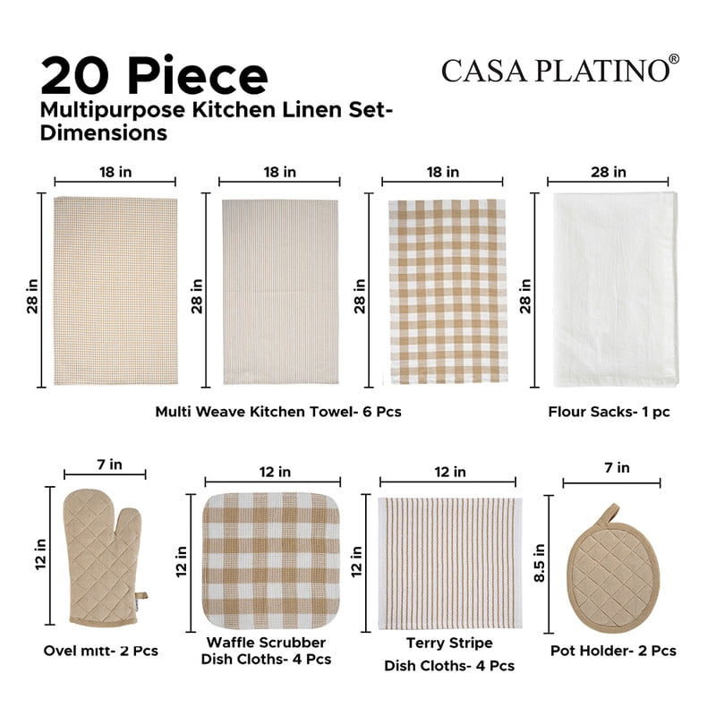 Casa Platino 20-Piece Absorbent Dishcloths and Heat-Resistant Oven Mitts Set - Beige