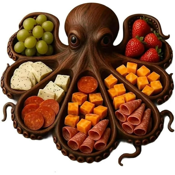 Octopus Charcuterie Platter, Gift for Seafood Lovers, Nautical Wood Serving Tray, Novelty Unique Ocean Theme Serving Tray Board for Cheese Bread Meats Fruits Snack Fruit Seafood (B)