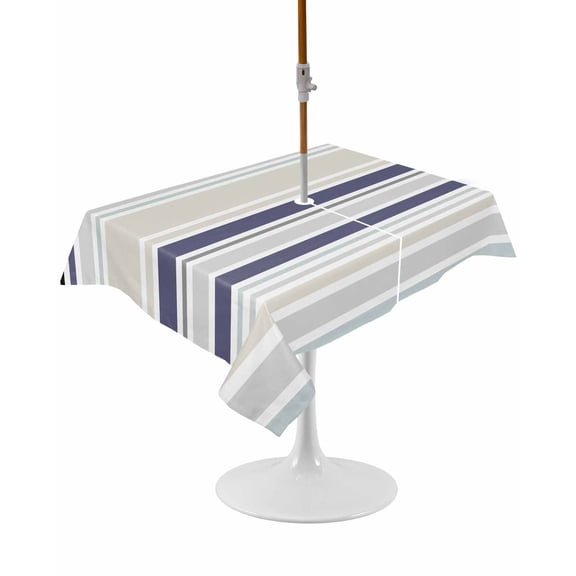 Outdoor Table Cloth with Umbrella Hole and Zipper,Beige Stripe Waterproof Rectangle Tablecloth 60"x102",Modern Abstract Art Navy Blue Striped Rustic Washable Table Cover for Outside Party Picnic