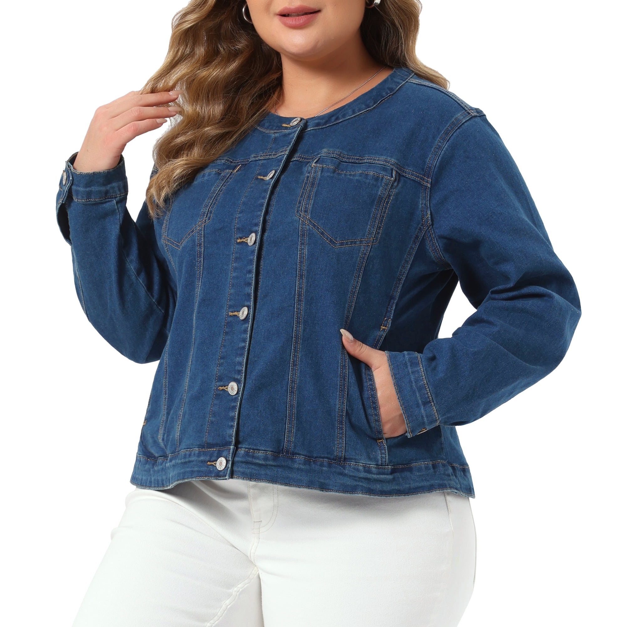 DARING DIVA Women's Plus Denim Collarless Button Jean Jacket 1X Dark Blue