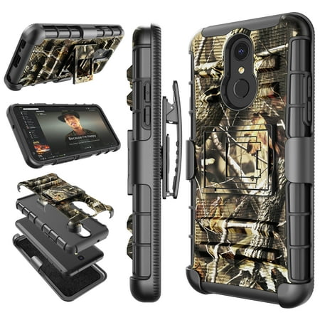 LG Q7 Case, LG Q7 Plus/LG Q7+ Holster Clip, [Hoplite] Shock Absorbing [Leaf Camo] Secure Swivel Locking Belt Defender Full Body Kickstand Carrying Armor Sturdy Camouflage Cases Cover