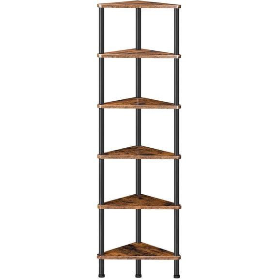 Corner Shelf Stand, Industrial 6-Tier Wall Corner Bookshelf with Metal Frame, Plant Display Shelf, Bookcase for Small Spaces, Bedroom, Living Room, Rustic Brown