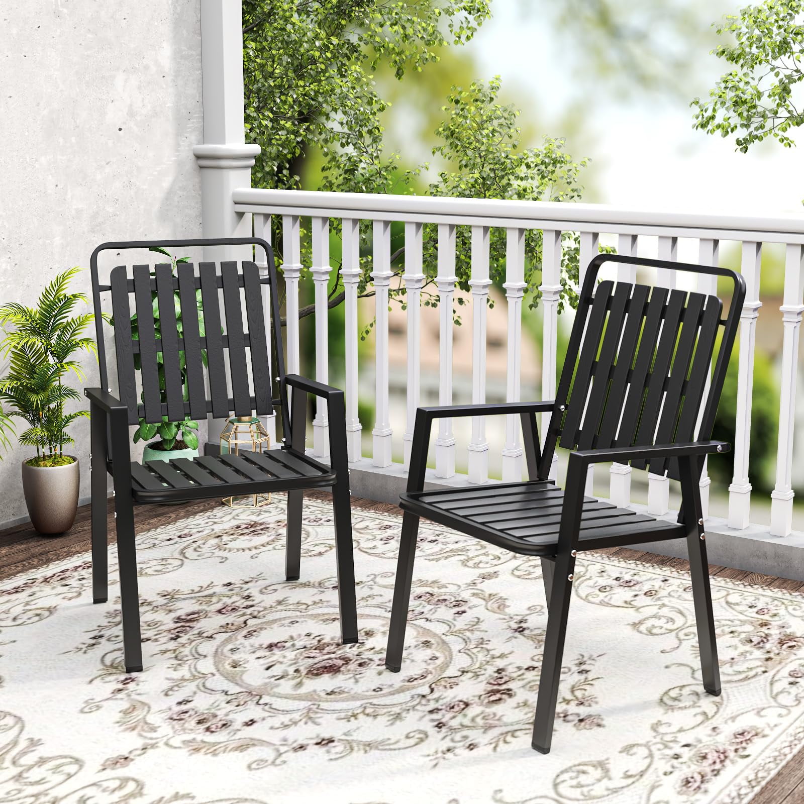 TQKVIPI Outdoor Patio Dining Chairs Set of 2, Outdoor Patio Chairs, Heavy Duty Metal Dining Chairs with Armrest for Balcony, Deck, Backyard, Lawn, Porch, Kitchen (Black)