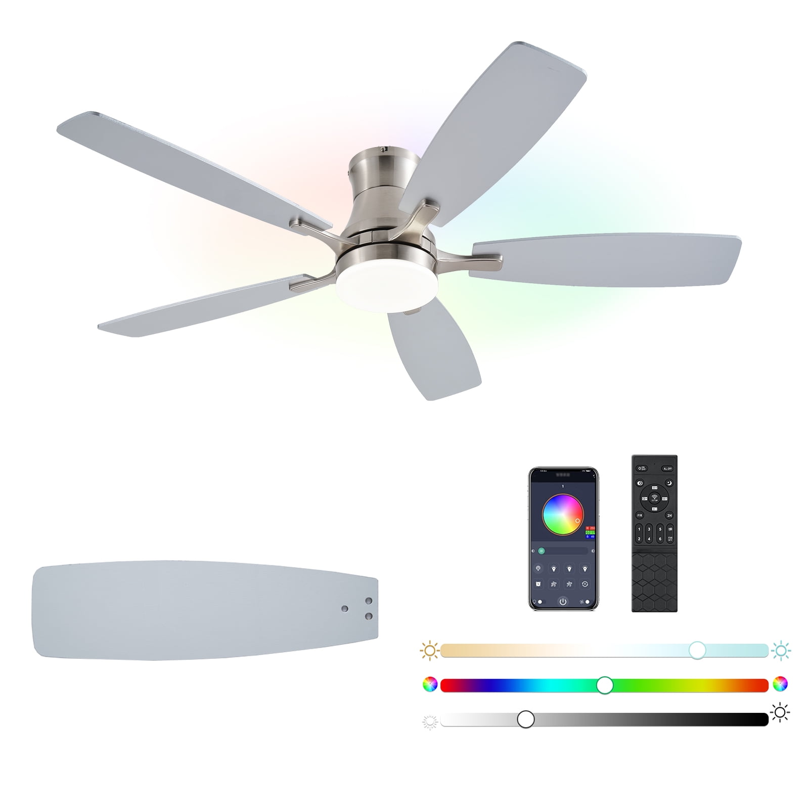 54inch Ceiling fans with Lights, Low Profile RGB Ceiling fan with Light and Remote/App Control, Dimmable, DC Reversible Motor, Noiseless, 6 Speeds, Nickel Ceiling Fan For Bedroom Indoor Outdoor