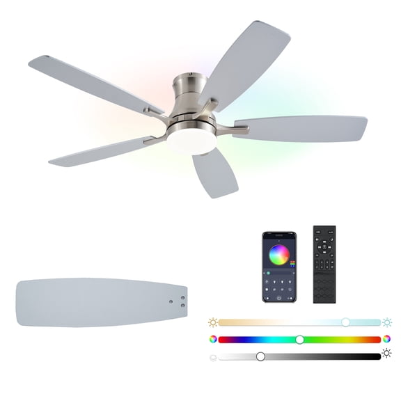 54inch Ceiling fans with Lights, Low Profile RGB Ceiling fan with Light and Remote/App Control, Dimmable, DC Reversible Motor, Noiseless, 6 Speeds, Nickel Ceiling Fan For Bedroom Indoor Outdoor