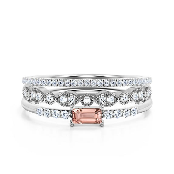 Art Deco Minimalist 1.75 Carat Emerald Cut Morganite And Diamond Moissanite Engagement Ring, Wedding Ring in 10k Solid White Gold, Promise Ring, Anniversary Gift, Minimal Design, Trio Rings Set