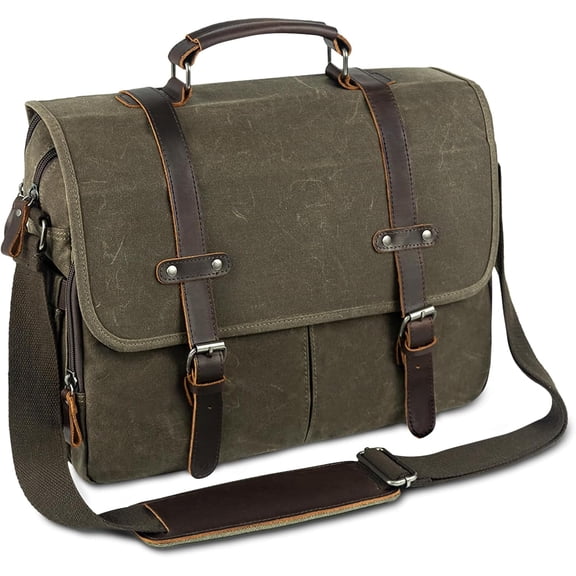 15.6" Messenger Bag for Men: Leather Waxed Canvas Briefcase Large Computer Laptop Bag Handbags Crossbody Bags for Work