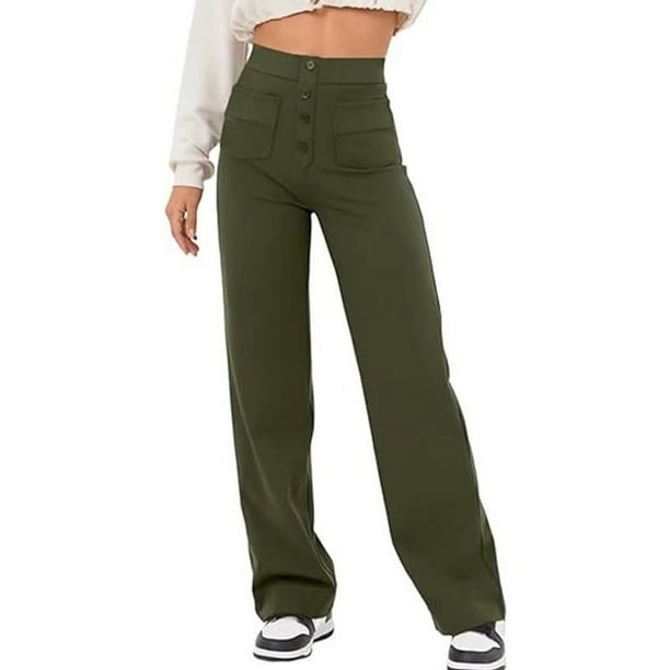 Pantalones rectos holgados casuales con botones y pierna ancha y bolsillo de cintura alta para mujer de otoño europeo y americano