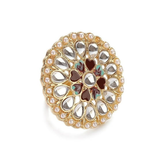 Luxury Fashion Statement Kundan Pearl Big Adjustable Brown Flower Traditional Finger Ring Indian Jewelry For Women