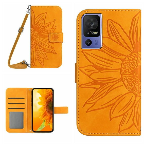For TCL 40 SE HT04 Skin Feel Sun Flower Embossed Flip Leather Phone Case with Lanyard