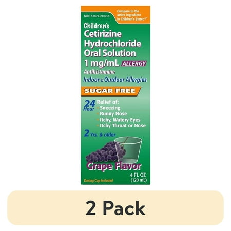 (2 pack) Children's Allergy Medicine, Sugar Free Grape Flavor, Cetirizine Kids Antihistamine Oral Solution Syrup for Indoor & Outdoor Allergy Relief, 24-Hour Symptom Relief, 4 fl oz