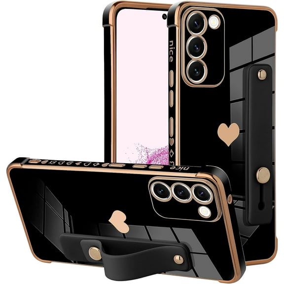 for Samsung Galaxy S23 5G Case Black Love Hearts Design for Women Girl Men, Luxury Plating with Strap Stand Full Camera Lens Protection Bumper for Galaxy S23 5G