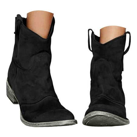 

Mepaouo Women s Western Cowboy Ankle Boots Mid Calf Cowgirl Booties Retro Chelsea Winter Shoes(Black 9)