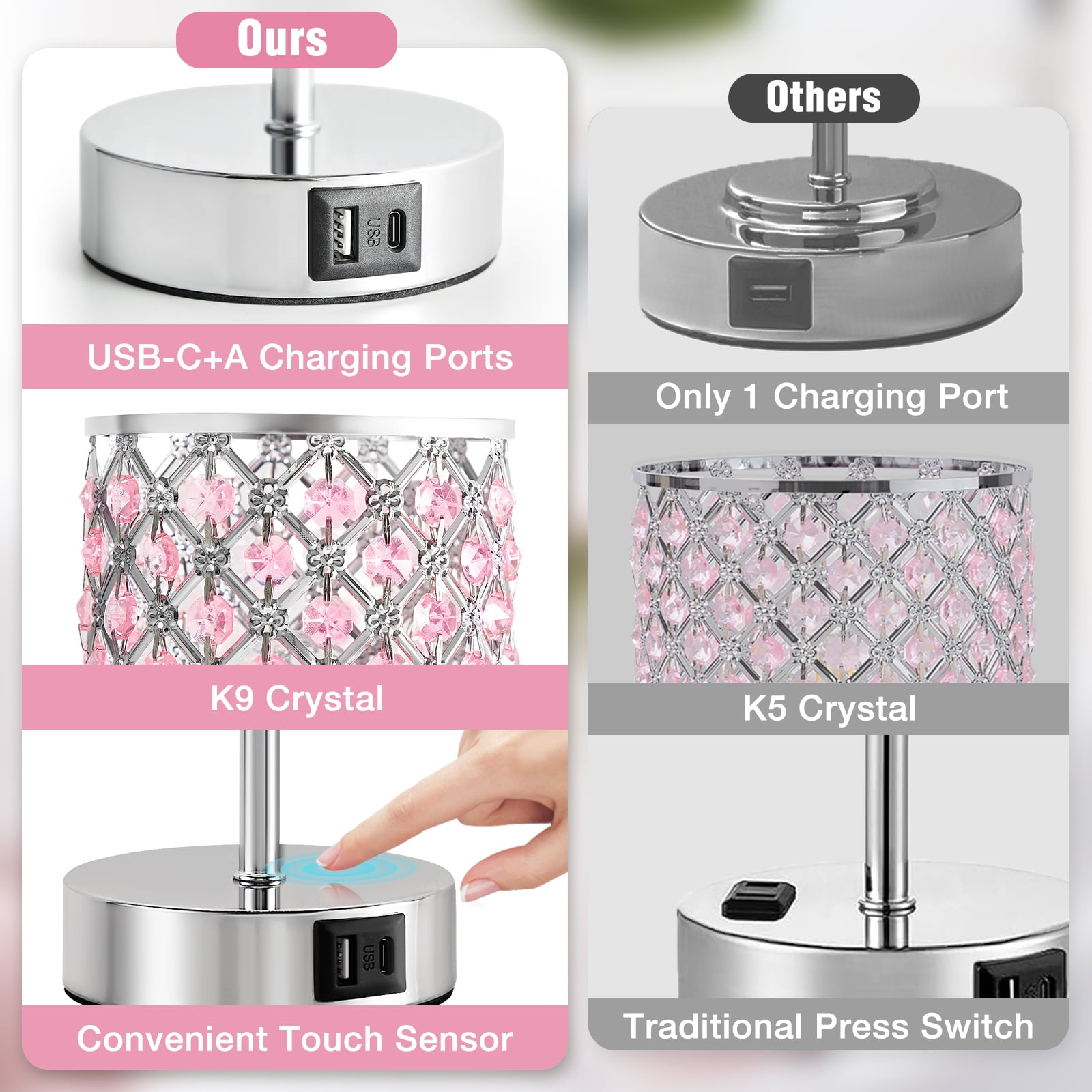 NATYSWAN Touch Crystal Table Lamp, 3-Way Dimmable Nightstand Lamp with USB Ports,Modern Bedside Lamp for Bedroom, Living Room,Pink