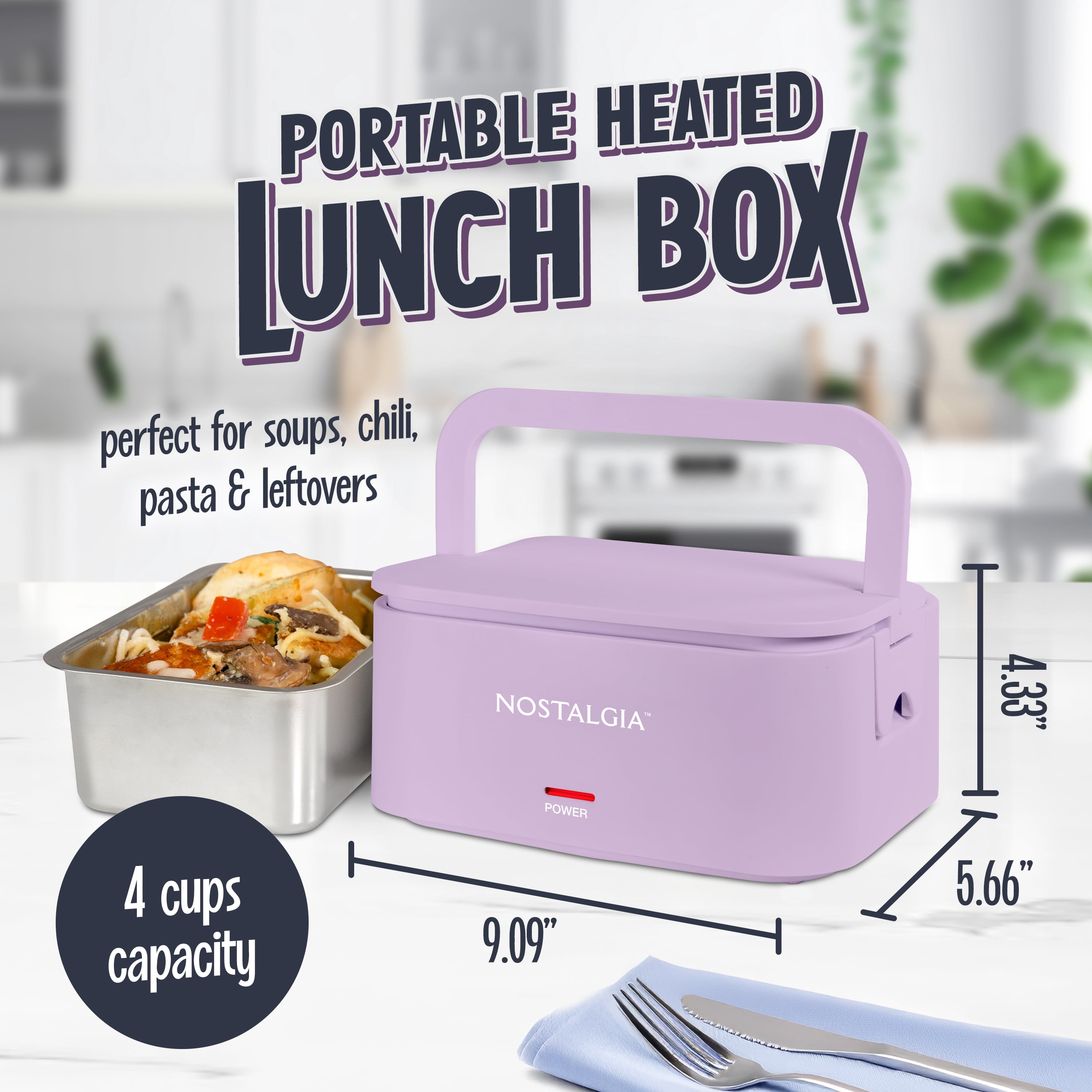 Nostalgia 32 oz Portable Heated Lunch Box with Stainless Steel Lunch Container, Lavender
