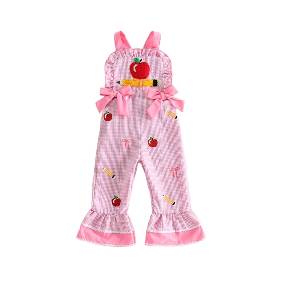 RUINIXCW Toddler Baby Girl Back to School Overalls Kids Kindergarten Outfits Baby Girls First Day of School Outfit Cute Apple Pencil Embroidery Plaid Flared Jumpsuit Bow Suspender Pants