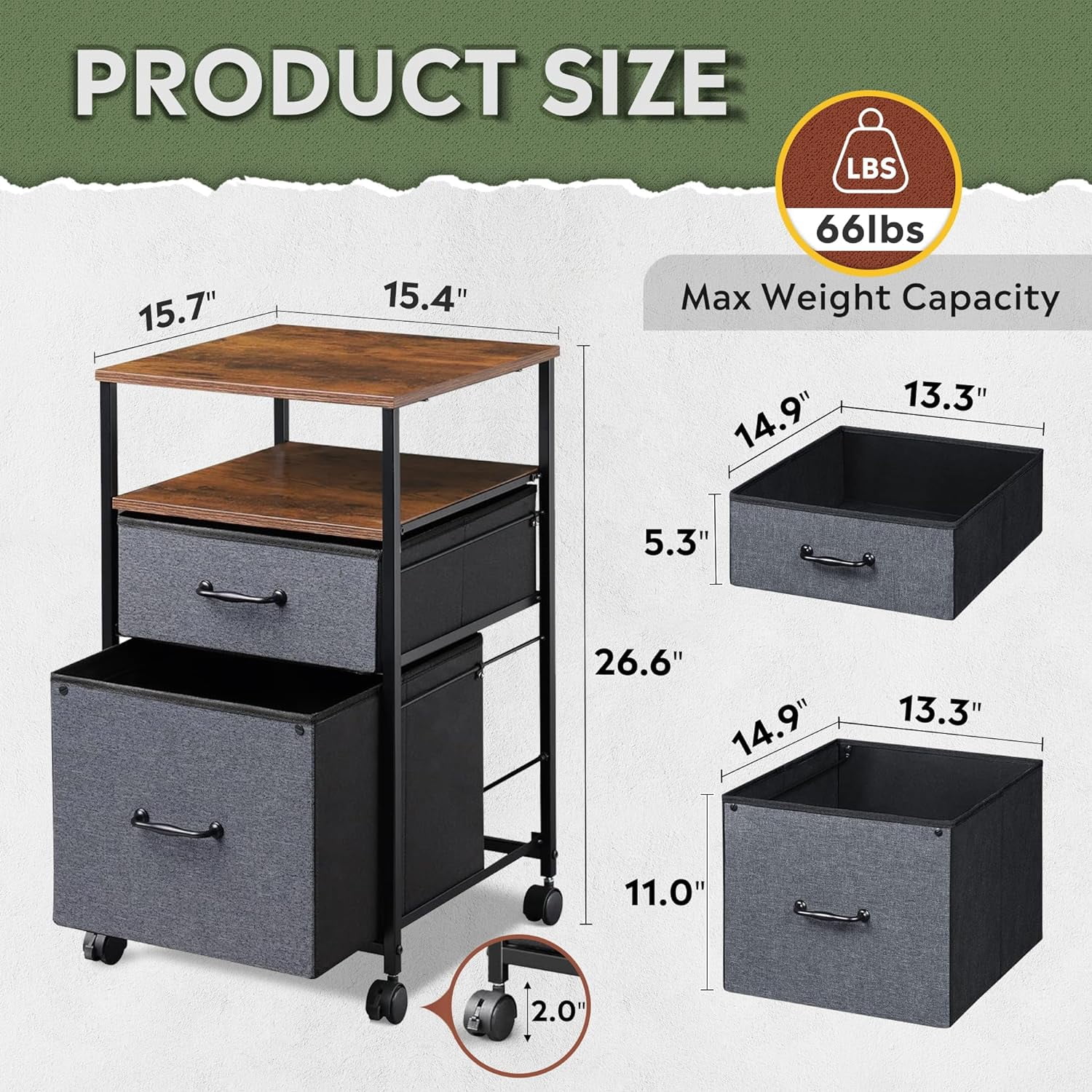 2 Drawer Mobile File Cabinet, Rolling Printer Stand with Open Storage Shelf, Fabric Vertical Filing Cabinet fits A4 or Letter Size for Home Office