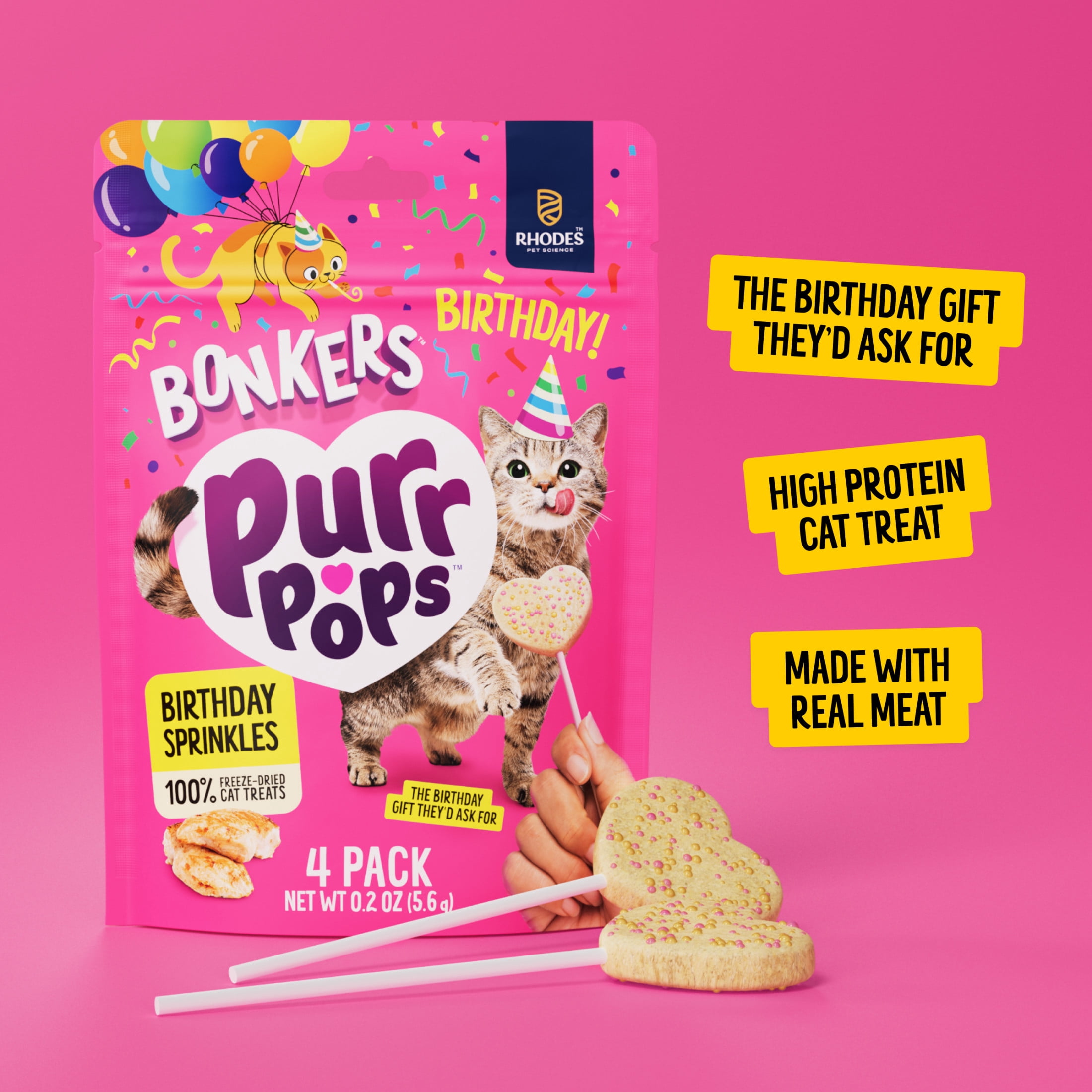 BONKERS Purrpops Birthday Edition Freeze-Dried Chicken Flavored Lollipop Treats for Cats, 4 pack