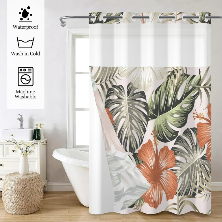 Hookless Shower Curtain With Snap-in Liner – Abstract Orange Blue Design, 71x74 Inches, No Hooks Needed