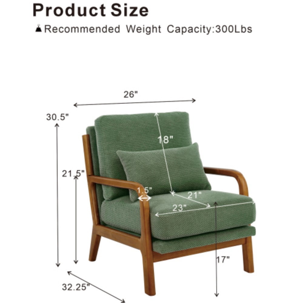 Wooden Lounge Chair, Modern Upholstered Accent Chair with Solid Wood Armrests, High-Density Foam Cushion, Reclined Backrest for Living Room, Bedroom & Office, Dark Green