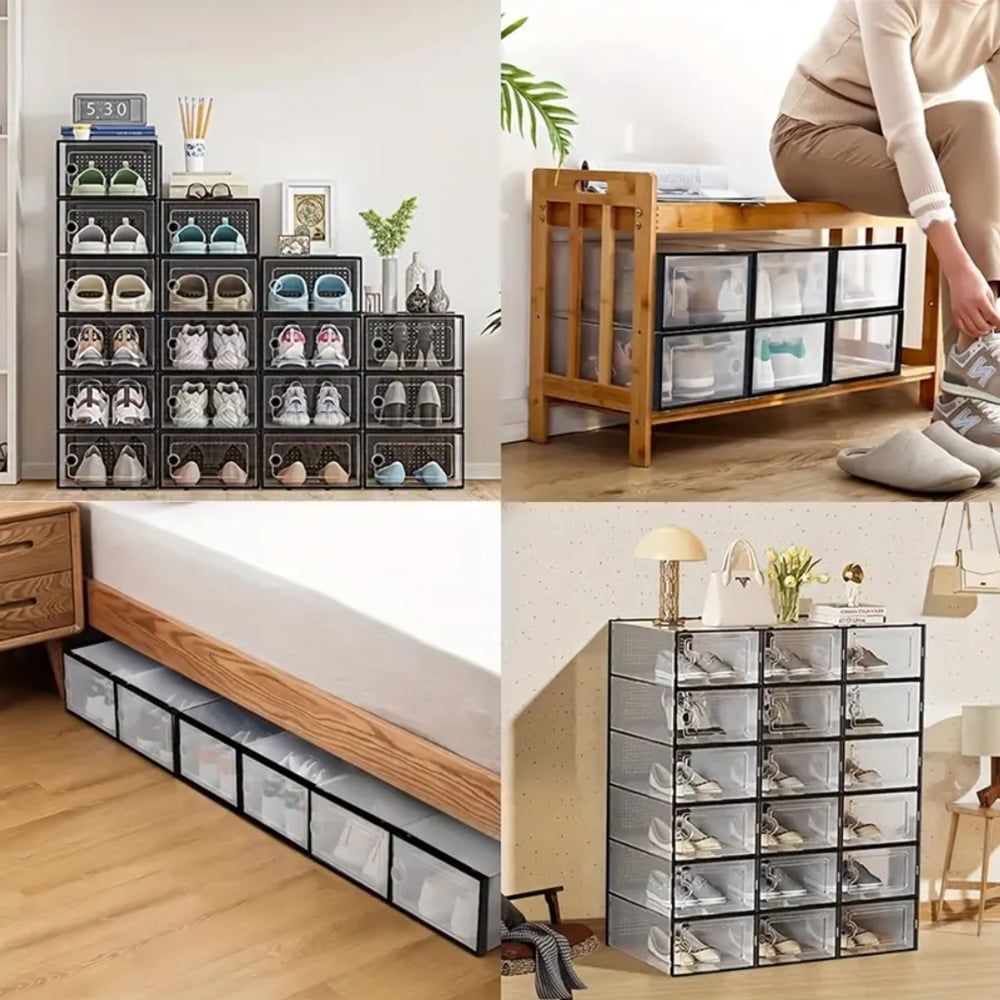 12PCS Thick Transparent Shoe Box with Lid, Foldable & Stackable Plastic Shoe Rack Organizer - Waterproof, Space-Saving Storage for All Shoe Types - Ideal for Foyer, Bedroom, Home, Dormitory - Black