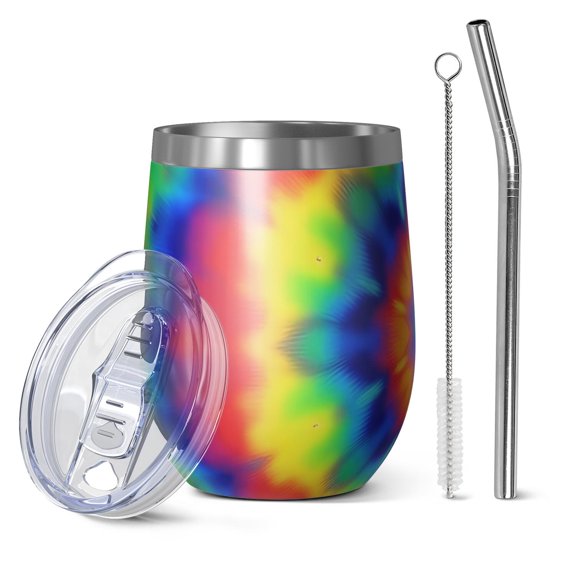 12oz Stemless Wine Tumblers Rainbow Tie Dye Mandala Pattern Vacuum Insulated Stainless Steel Travel Tumbler Cups Mug with Lid and Straw for Champaign,Cocktail,Beer with Cleaning Brush