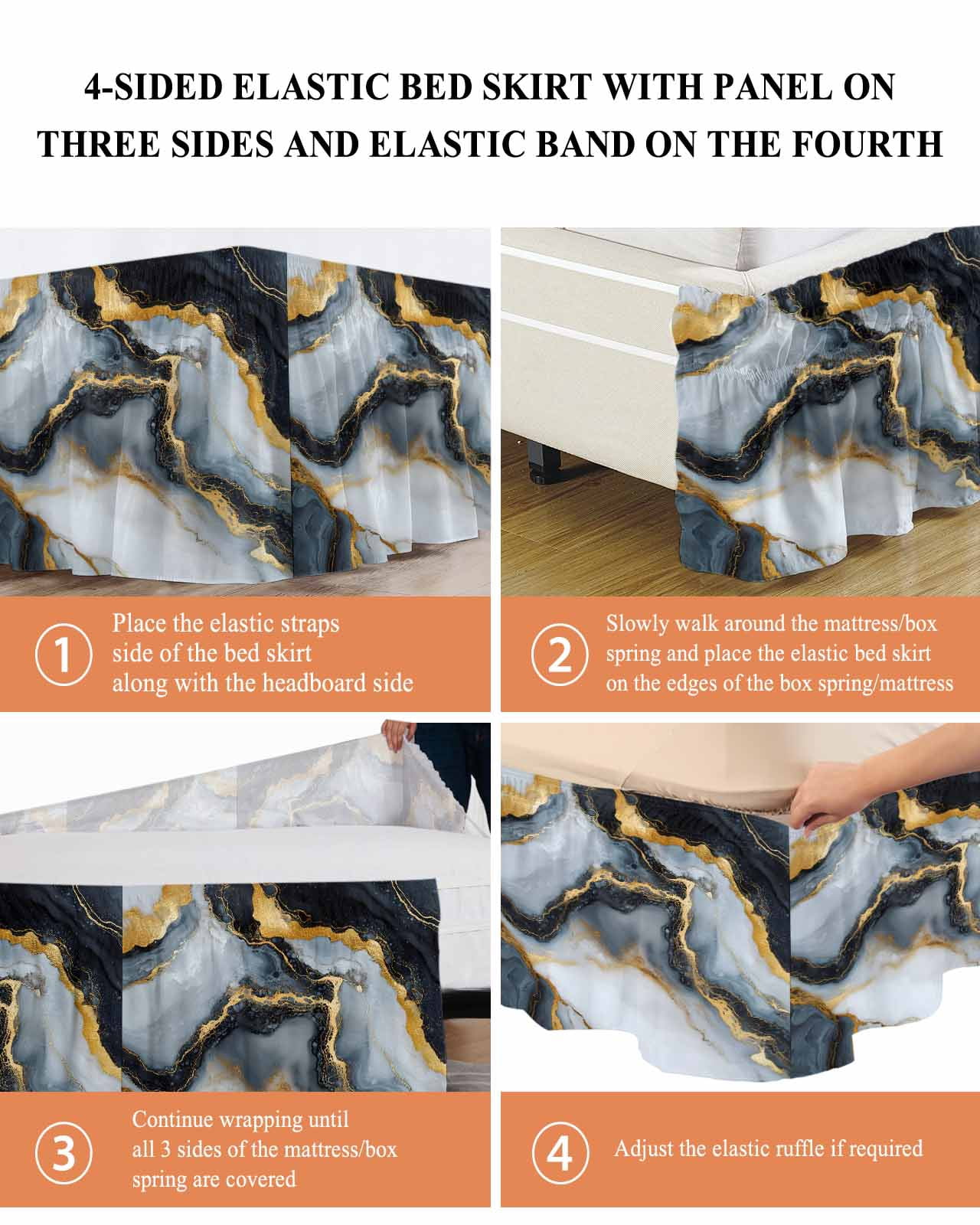 Black Golden Marble Wrap Around Bed Skirts for Queen Bed 16" Drop,Bed Skirt with Adjustable Elastic Belt Dust Ruffle Bed Valance for Bedroom Hotel Luxury Modern Ink Painted Aesthetics Bed Frame Cover
