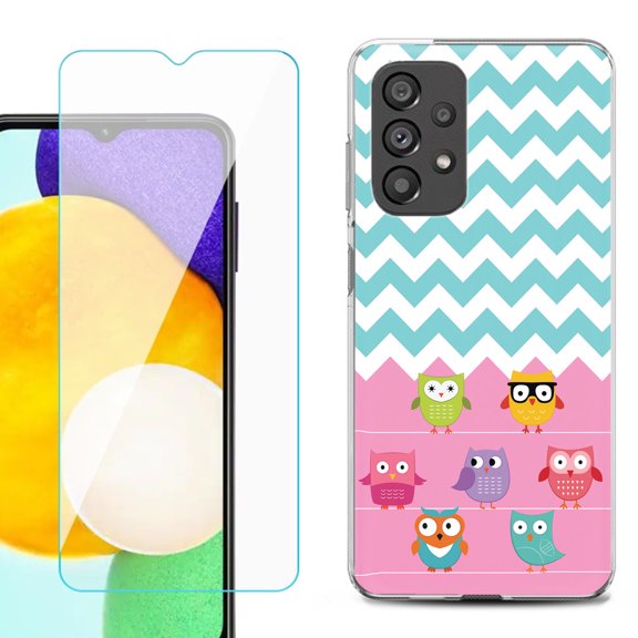 Slim-Fit Gel TPU Phone Case for Samsung Galaxy A23 5G, with Tempered Glass Screen Protector, by OneToughShield ® - Chevron/Teal/Owl