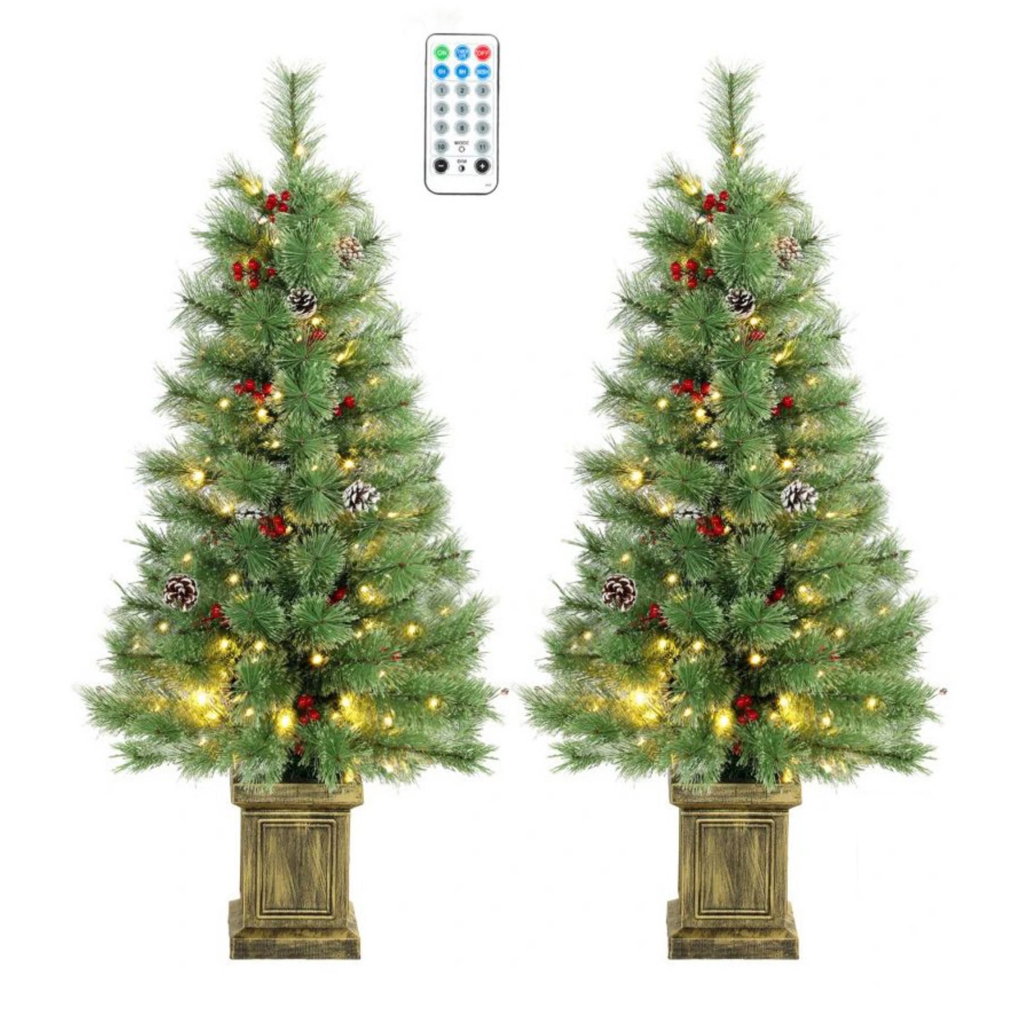 Pre-Lit Artificial Christmas Tree Set, 2 Matching Potted Pine Trees with Dual-Color LED Lights and Remote, 4 ft, 95 Tips Each