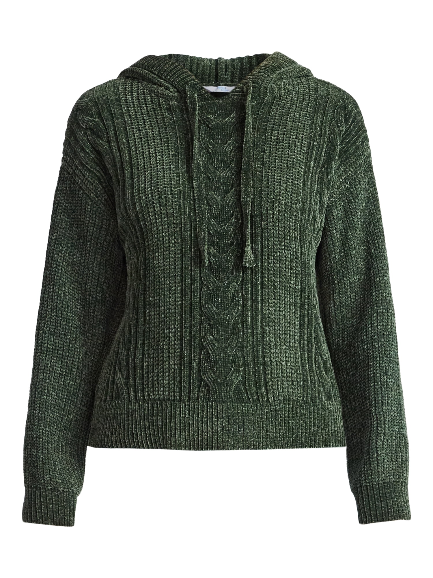 Time and Tru Women's Velveteen Hoodie Pullover Sweater with Long Sleeves, Sizes XS-XXXL