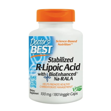 Doctor’s Best Stabilized R-Lipoic Acid with BioEnhanced Na-RALA , Non-GMO, Gluten Free, Vegan, Helps Maintain Blood Sugar Levels, 100 mg 180 Veggie
