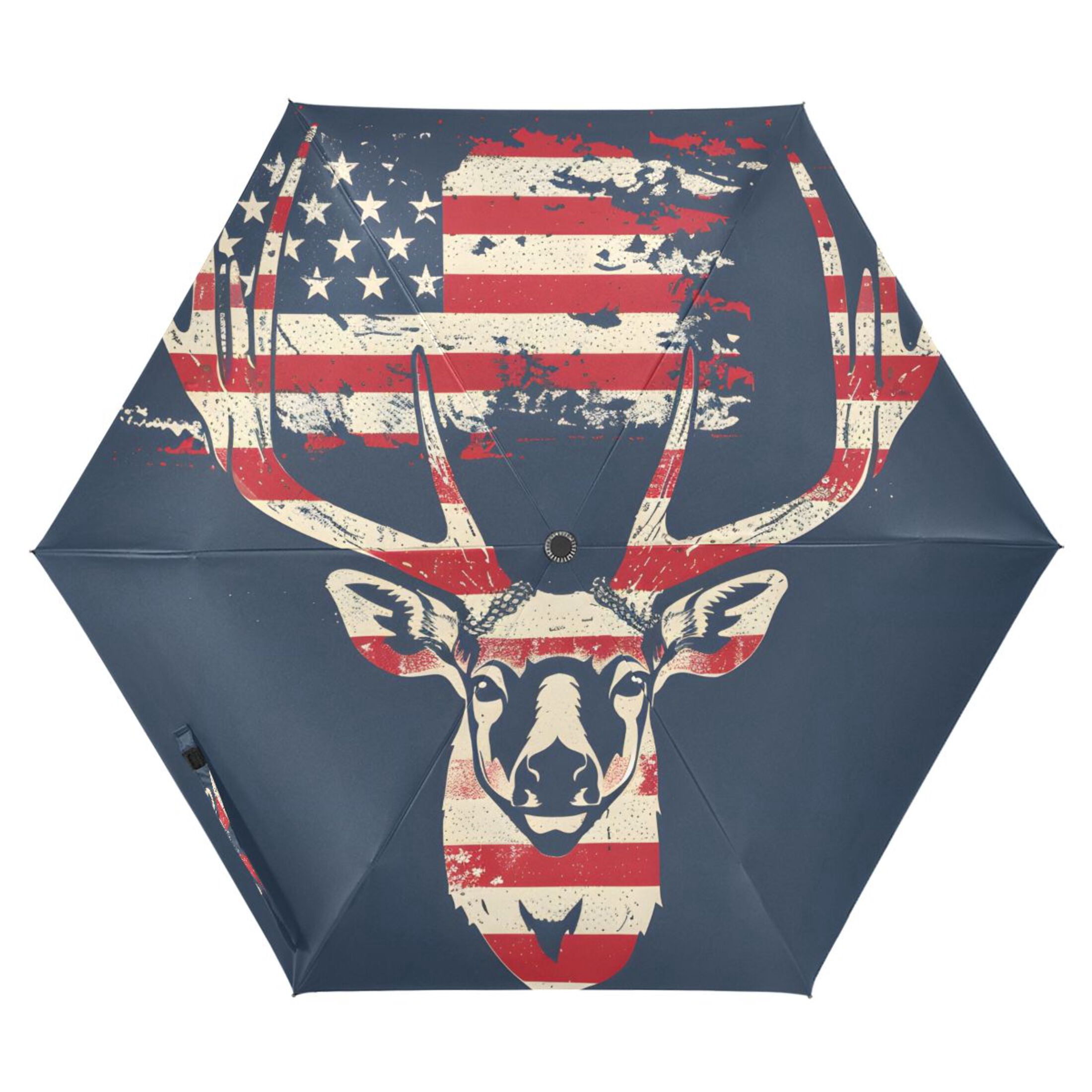 Deer with American Flag Compact Sun Umbrella Windproof Travel Umbrellas for Rain Strong Portable UV Protection