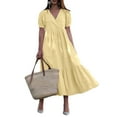 thumbnail image 2 of Dream Lifestyle V-Neck Puff Short Sleeve A-Line Midi Dress Ruffle Stitching Hem Women Casual Dress Female Clothing, 2 of 7