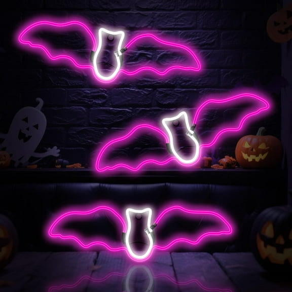 3 Piece LED Neon Bat Lights Halloween Decor, 20" Hanging Bat Neon Sign Light Up Goth Decor with 504 Pink LED, Plug-in Goth Lights for Garage, Front Yard, Porch, Halloween Haunted House