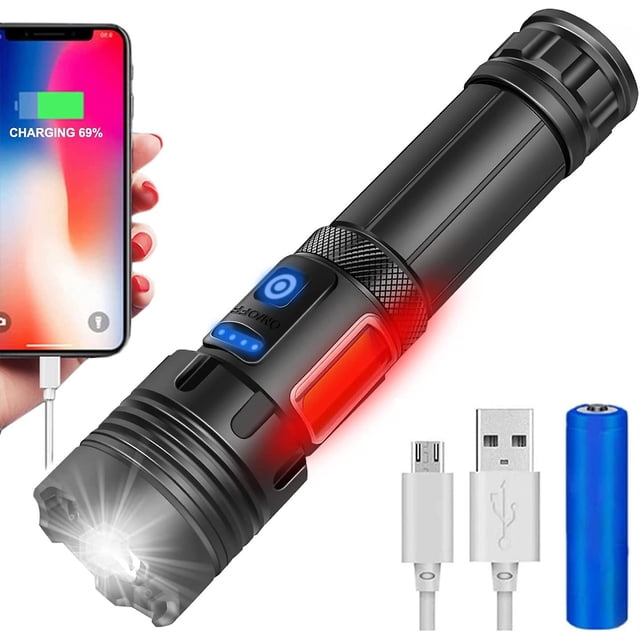 Linterna LED ultra potente, linterna de 10000 lúmenes, lámpara táctica Xhp70.2, con baterías recargables, con zoom, Tench, 3 modos de iluminación + 4 Kuyhfg Bienvenido a Kuyhfg