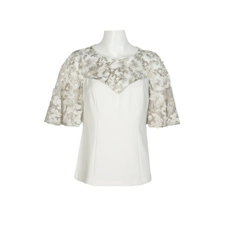 Adrianna Papell Women's Embroidered Illusion Top White Size 14