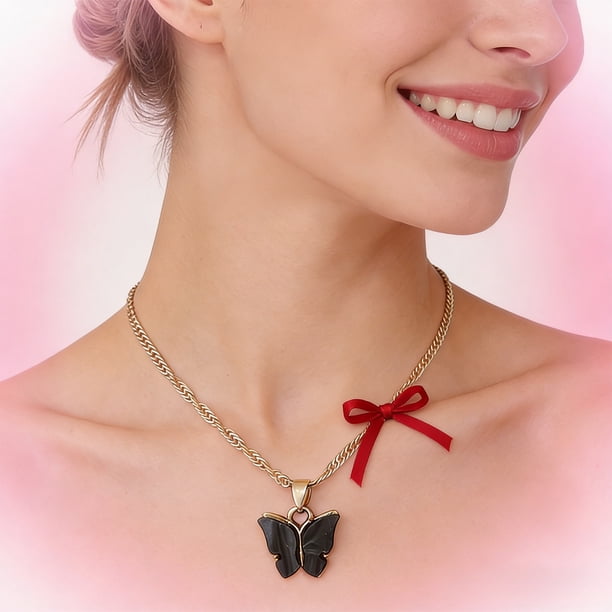 Collar con colgante de mariposas para San Valentín para adolescentes, cadena de clavícula ajustable estilo tarjeta vintage, ideal como regalo para San Valentín, collar de metal.