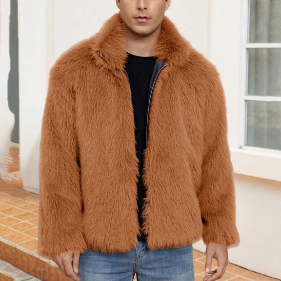 RKSTN Faux Fur Coat Men Long Sleeve Solid Color Lapel Collar Front Opening Relaxed Fit Winter Jackets for Men (Orange ,XXL)