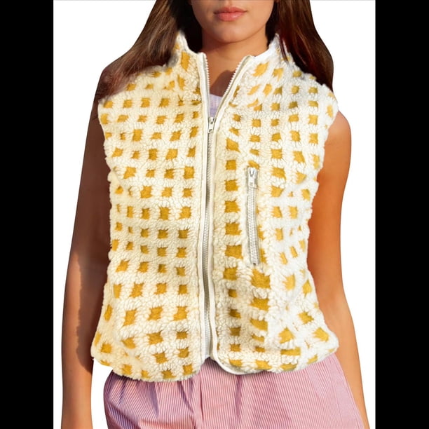 Chaleco de Cuadros para Mujer, Sin Mangas, de Forro , de Invierno, con Cuello Alto, Cremallera y Bolsillo en el Pecho. Amarillo L
