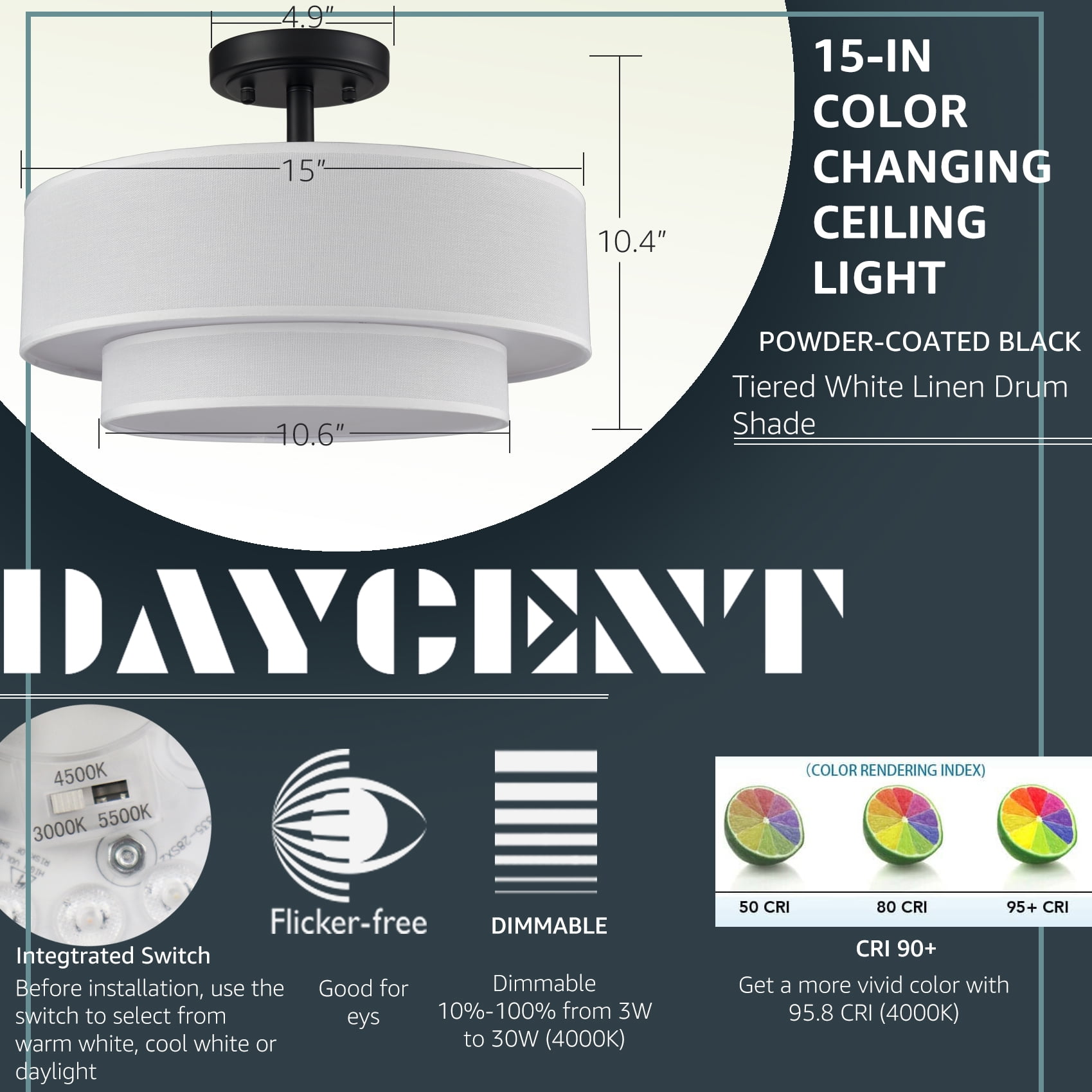 Claxy Black Semi Flush Mount LED Ceiling Light with Dual Drum Fabric Shade