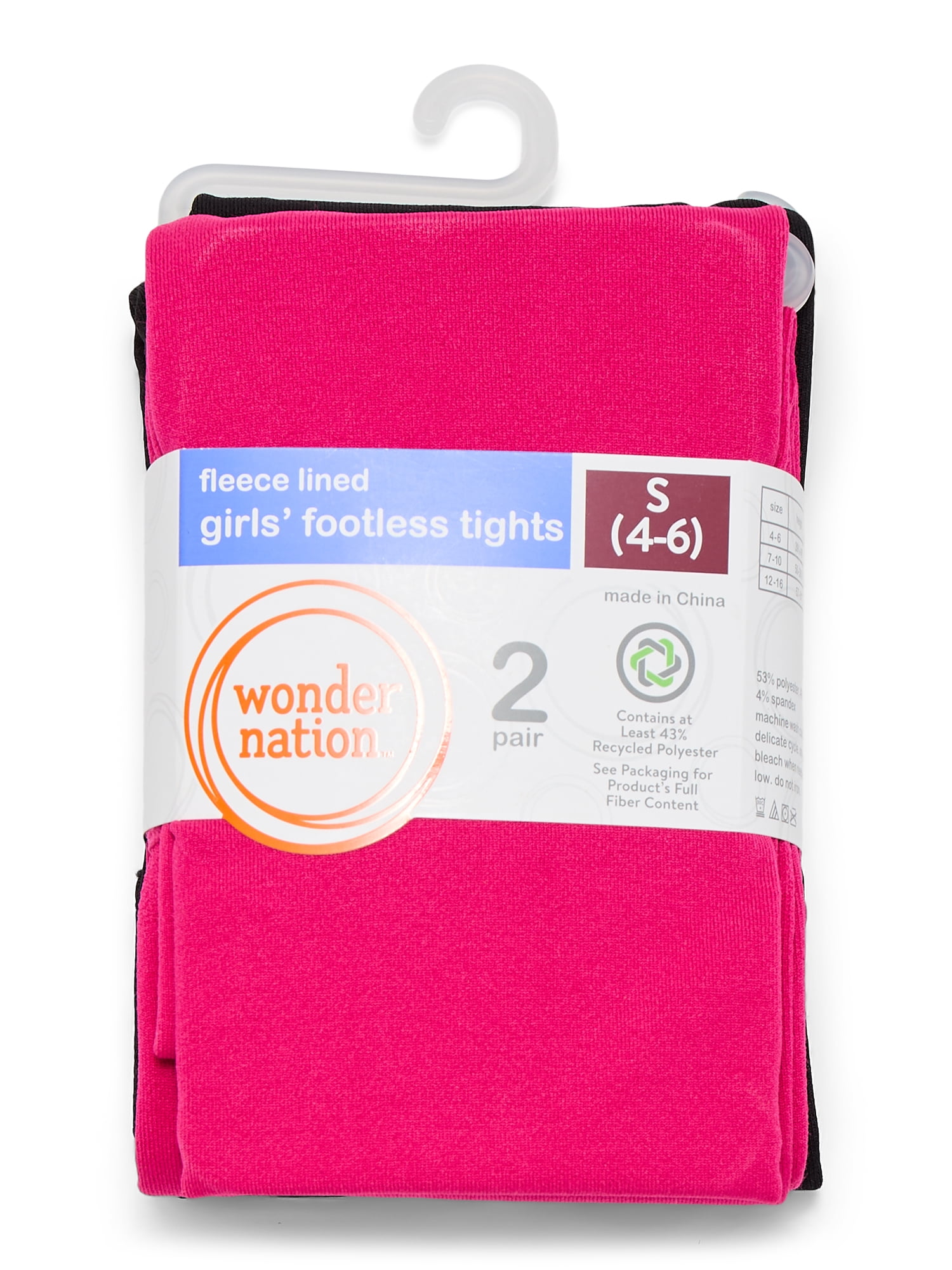 Wonder Nation Girls Footless Tights, 2-Pack, Sizes S-L